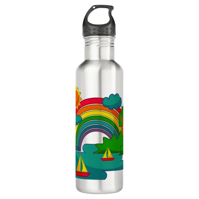 Bootslandschaft unter Sonnenwolken und Regenbogen Edelstahlflasche (Vorderseite)