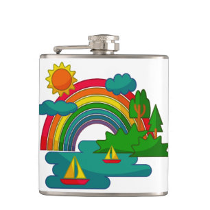 Bootslandschaft unter Sonnenwolken und Regenbogen Flachmann