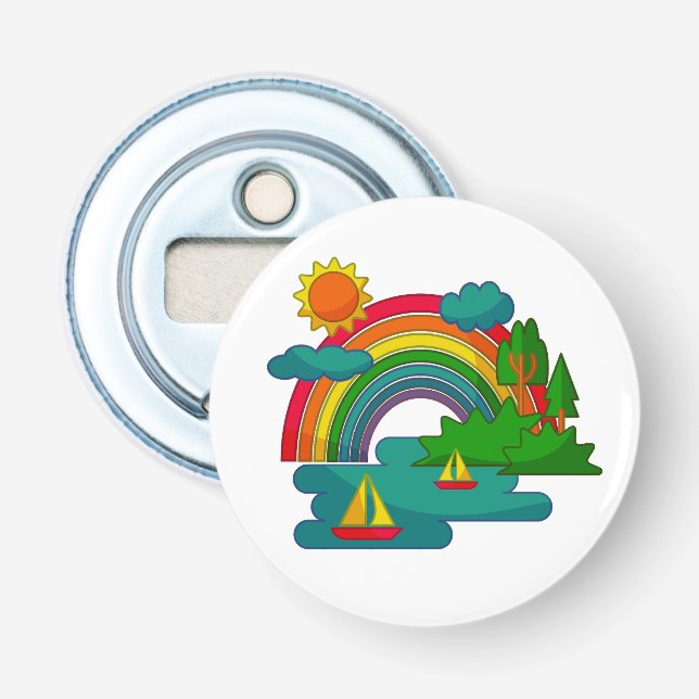 Bootslandschaft unter Sonnenwolken und Regenbogen Flaschenöffner (Vorderseite)