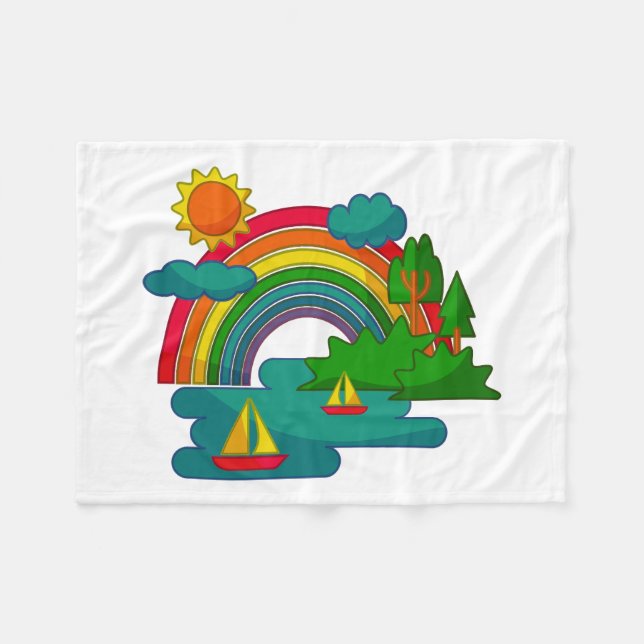 Bootslandschaft unter Sonnenwolken und Regenbogen Fleecedecke (Vorderseite (Horizontal))