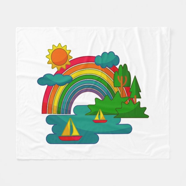 Bootslandschaft unter Sonnenwolken und Regenbogen Fleecedecke (Vorderseite (Horizontal))