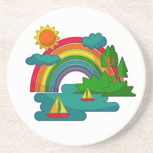 Bootslandschaft unter Sonnenwolken und Regenbogen Getränkeuntersetzer