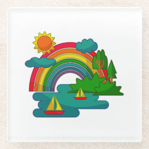 Bootslandschaft unter Sonnenwolken und Regenbogen Glasuntersetzer