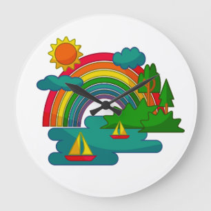 Bootslandschaft unter Sonnenwolken und Regenbogen Große Wanduhr