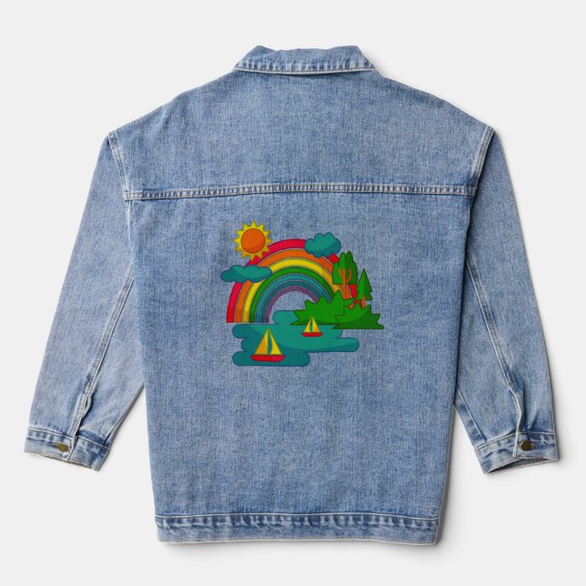 Bootslandschaft unter Sonnenwolken und Regenbogen Jeansjacke (Rückseite)