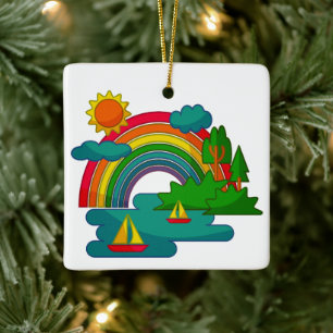 Bootslandschaft unter Sonnenwolken und Regenbogen Keramikornament