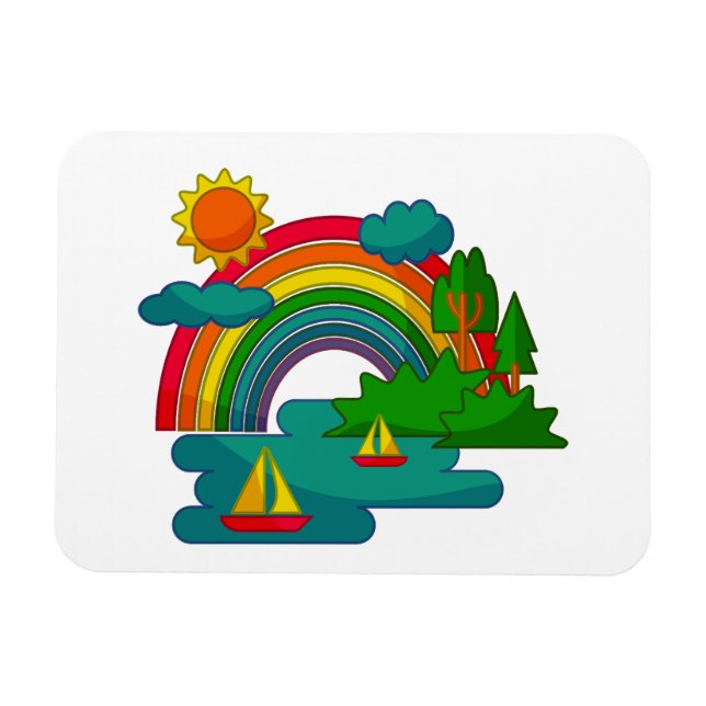 Bootslandschaft unter Sonnenwolken und Regenbogen Magnet (Horizontal)