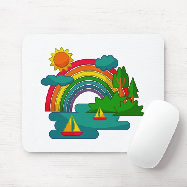 Bootslandschaft unter Sonnenwolken und Regenbogen Mousepad (Mit Mouse)