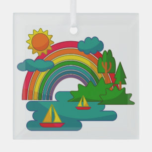 Bootslandschaft unter Sonnenwolken und Regenbogen Ornament Aus Glas