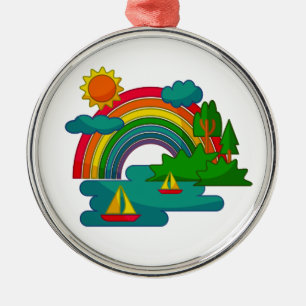 Bootslandschaft unter Sonnenwolken und Regenbogen Ornament Aus Metall