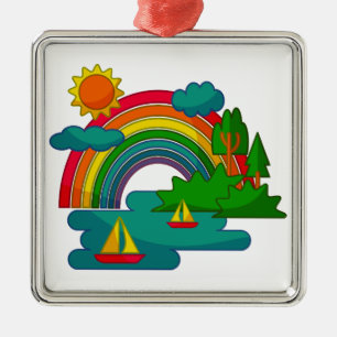 Bootslandschaft unter Sonnenwolken und Regenbogen Ornament Aus Metall