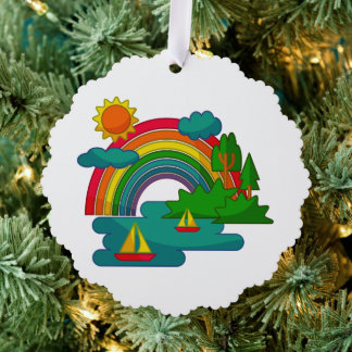 Bootslandschaft unter Sonnenwolken und Regenbogen Ornament Karte