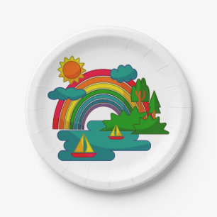 Bootslandschaft unter Sonnenwolken und Regenbogen Pappteller