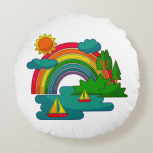 Bootslandschaft unter Sonnenwolken und Regenbogen Rundes Kissen