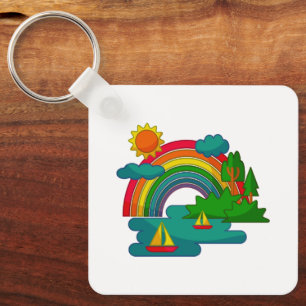 Bootslandschaft unter Sonnenwolken und Regenbogen Schlüsselanhänger