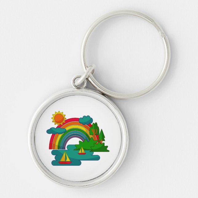 Bootslandschaft unter Sonnenwolken und Regenbogen Schlüsselanhänger (Vorne)