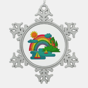 Bootslandschaft unter Sonnenwolken und Regenbogen Schneeflocken Zinn-Ornament