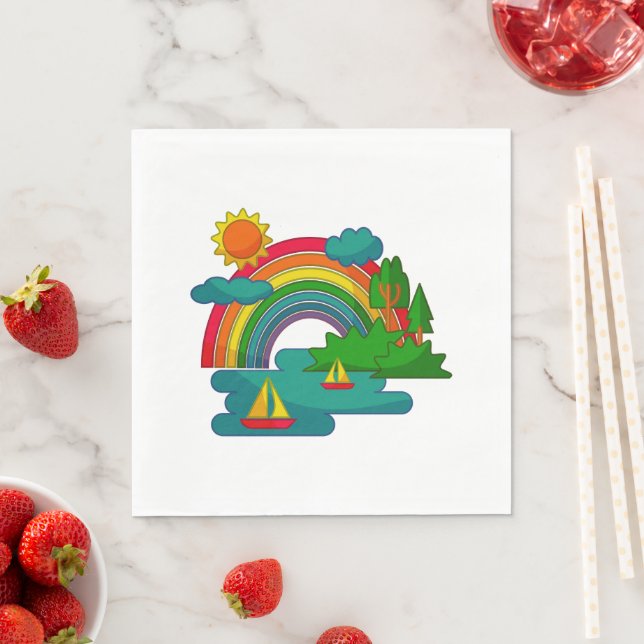 Bootslandschaft unter Sonnenwolken und Regenbogen Serviette (Beispiel)