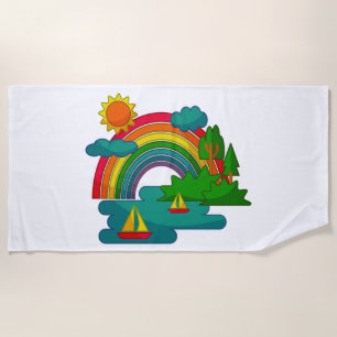 Bootslandschaft unter Sonnenwolken und Regenbogen Strandtuch