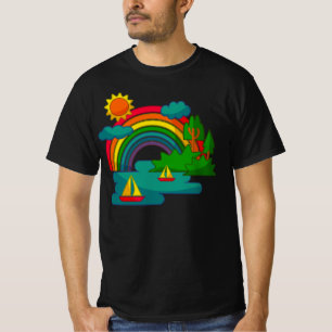 Bootslandschaft unter Sonnenwolken und Regenbogen T-Shirt