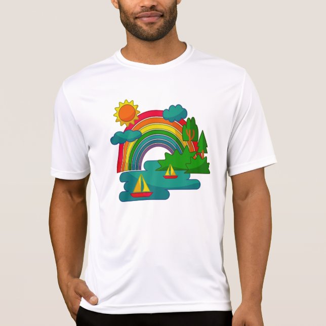 Bootslandschaft unter Sonnenwolken und Regenbogen T-Shirt (Vorderseite)