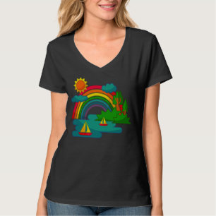 Bootslandschaft unter Sonnenwolken und Regenbogen T-Shirt