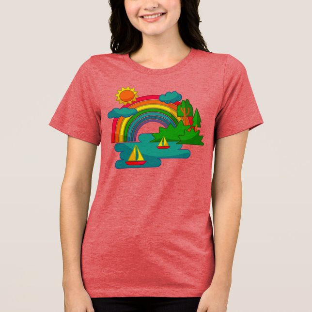 Bootslandschaft unter Sonnenwolken und Regenbogen Tri-Blend Shirt (Vorderseite)
