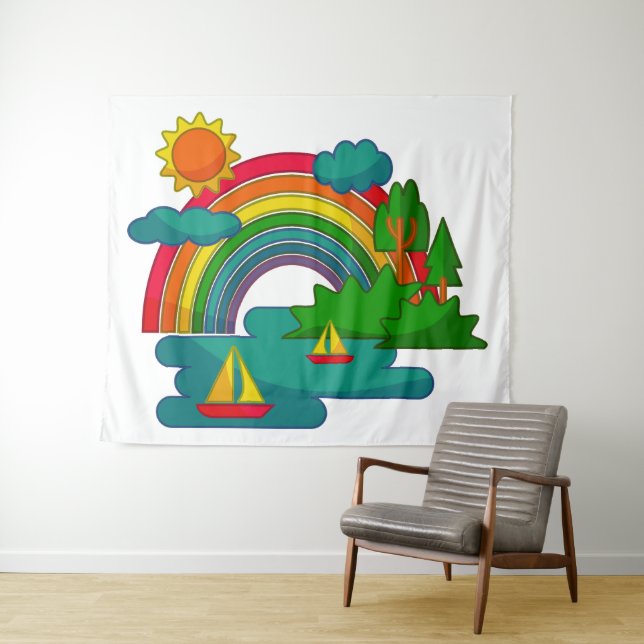 Bootslandschaft unter Sonnenwolken und Regenbogen Wandteppich (Beispiel (Horizontal))