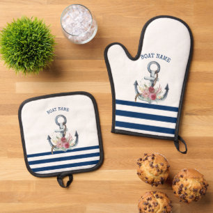 Bootsname, Anker Blumen Marineblaue Streifen Ofenhandschuh & Topflappen-Set