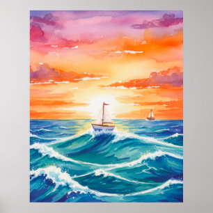 Bootsuntergang Ozean Farbige Wasserfarbe Bruno Mar Poster