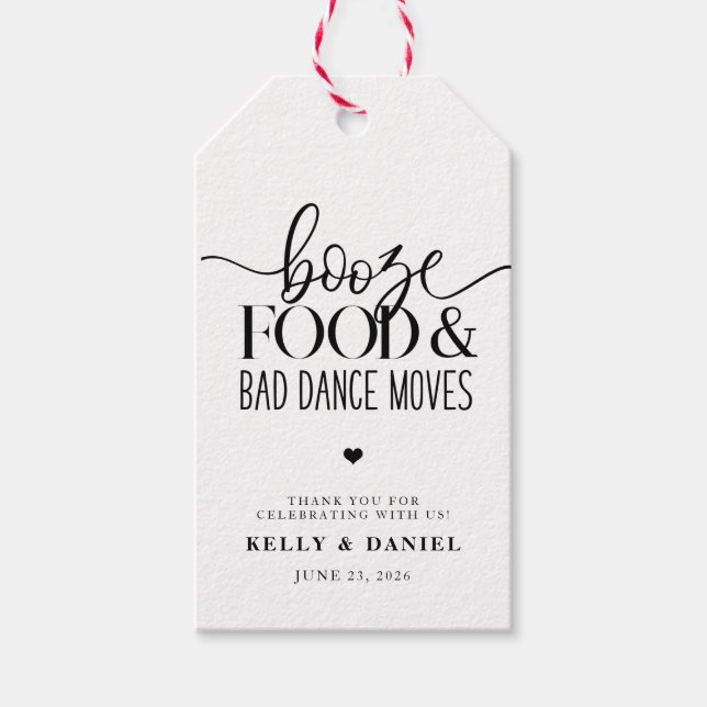 Booze Food and Bad Dance Moves Hochzeitseinladung Geschenkanhänger (Vorderseite)