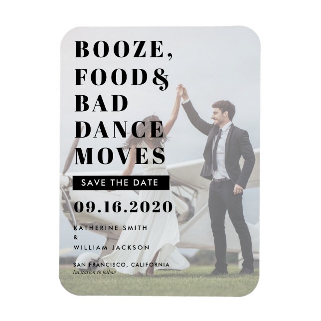 Booze Food Bad Dance Moves Wedding Save the Date Magnet (Vertikal)