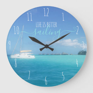 Bora Bora Tropischer Ozean Katamaran und Hütten Große Wanduhr