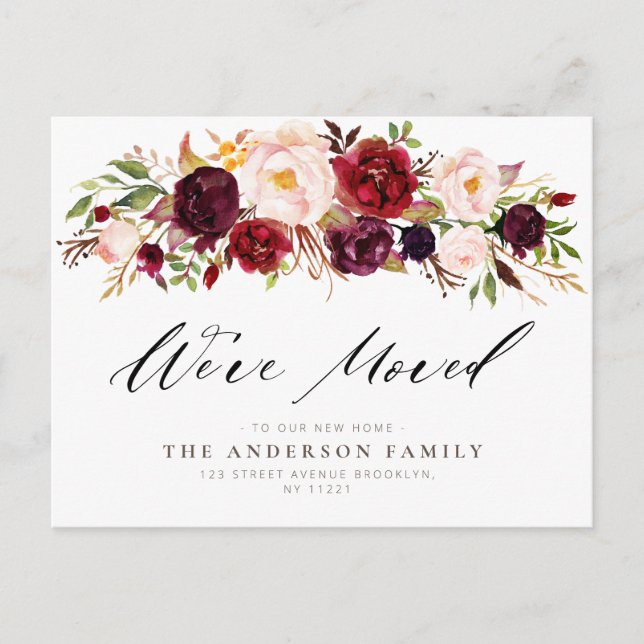 Bordeaux-Aquarellblumen-bewegende Postkarte (Vorderseite)