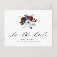 Bordeaux-blaublütenblaue Save the Date-Postkarte