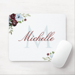 Bordeaux-blauer, floraler Monogramm-Mauspad Mousepad