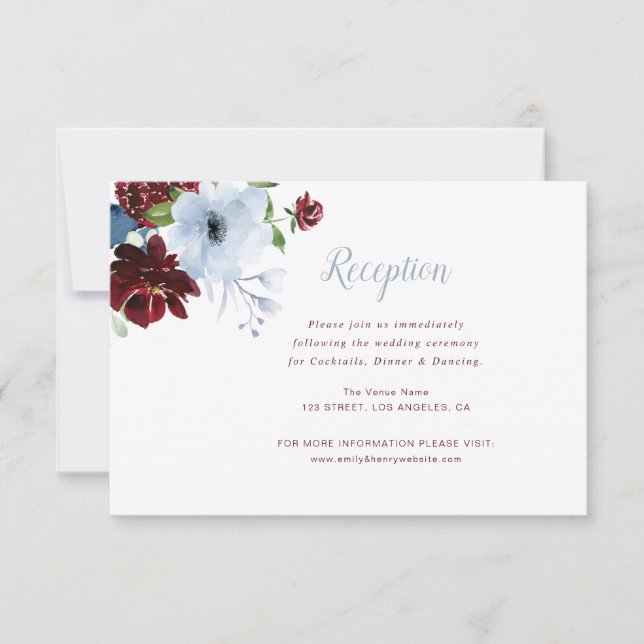 Bordeaux blühende, staubblaue Hochzeitskarte RSVP Karte (Vorderseite)