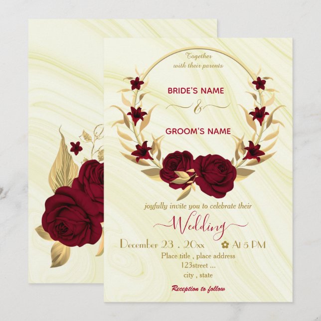 Bordeaux-Blume Goldkraut-Marmorhochzeit Einladung (Vorne/Hinten)