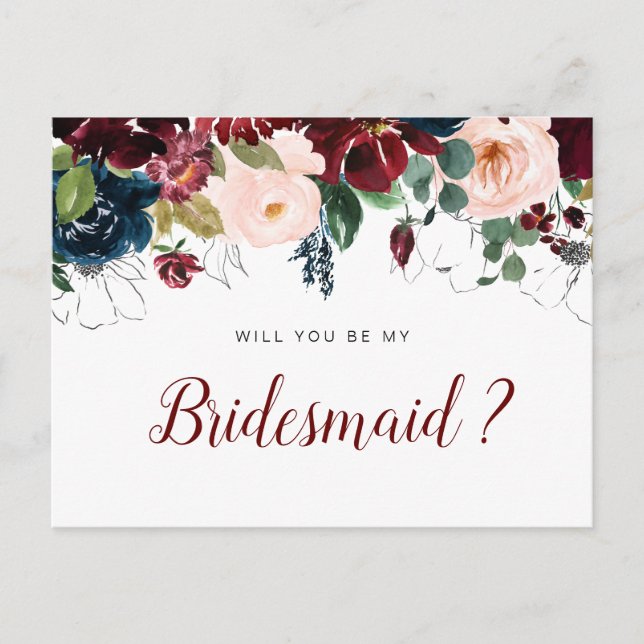 Bordeaux-Blume werden meine Bridesmaid-Karte sein Einladungspostkarte (Vorderseite)