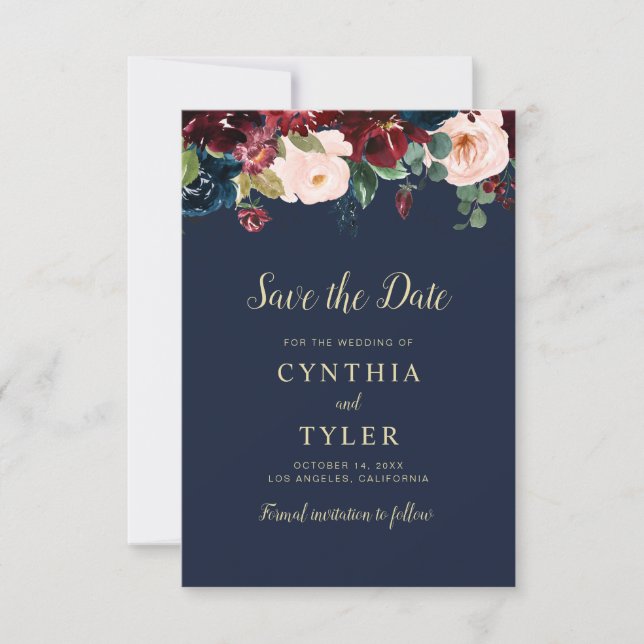 Bordeaux Blumenhochzeit speichern Sie die Dattelka Save The Date (Vorderseite)