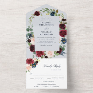 Bordeaux-Blütenhochzeit All In One Einladung