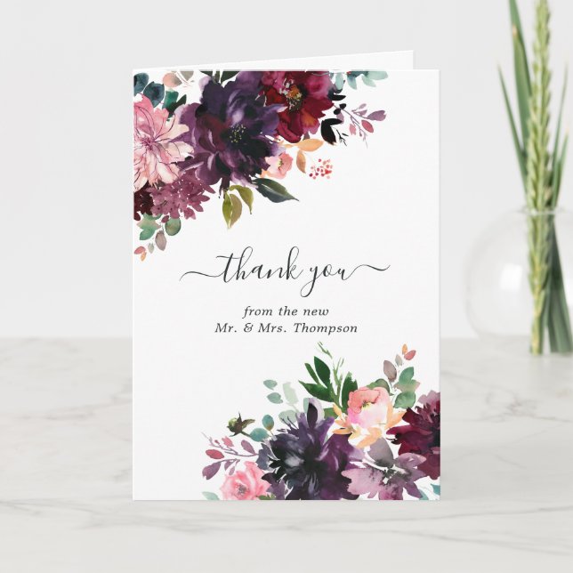 Bordeaux - Burgundy Floral Wedding Photo Dankeskarte (Vorderseite)