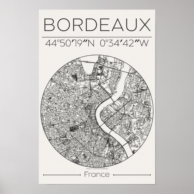 Bordeaux Charcoal City Map Poster – Minimal French (Vorne)