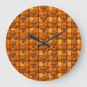 Bordeaux Dogs On Orange Tartan Print Große Wanduhr
