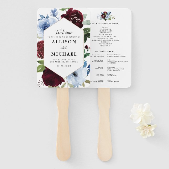 Bordeaux-Dusty-Blue-Hochzeitskalender Fächer (Vorne und Hinten)
