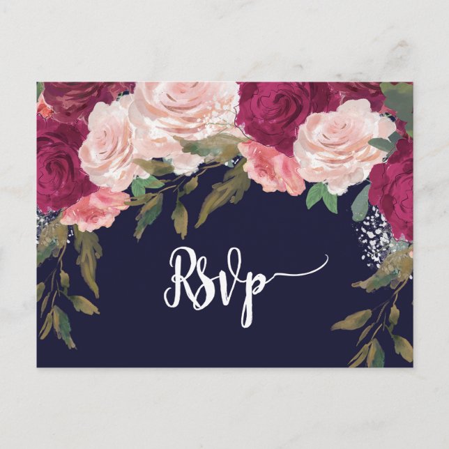 Bordeaux florals Hochzeitssvp Postkartennavy Einladungspostkarte (Vorderseite)