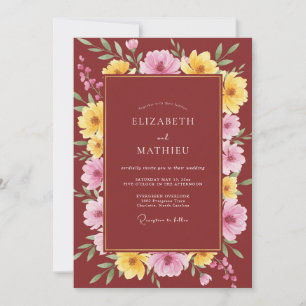 Bordeaux-Gold-Mohn-Hochzeit Einladung