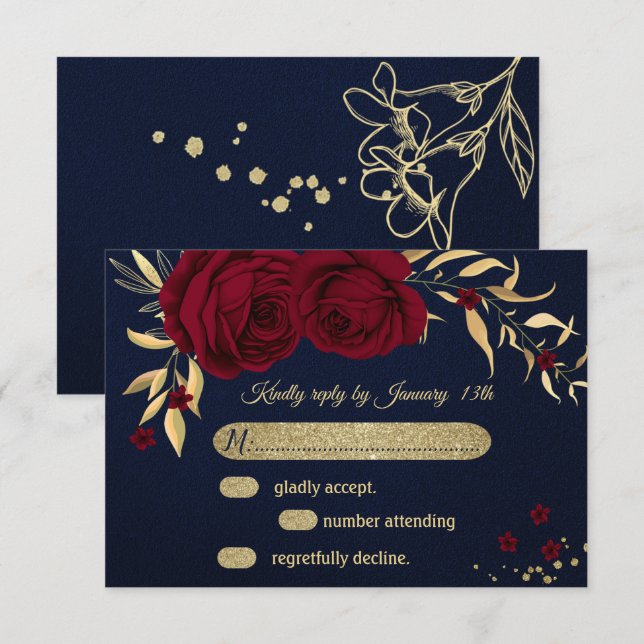 Bordeaux-Goldblütennavy RSVP Karte (Vorne/Hinten)