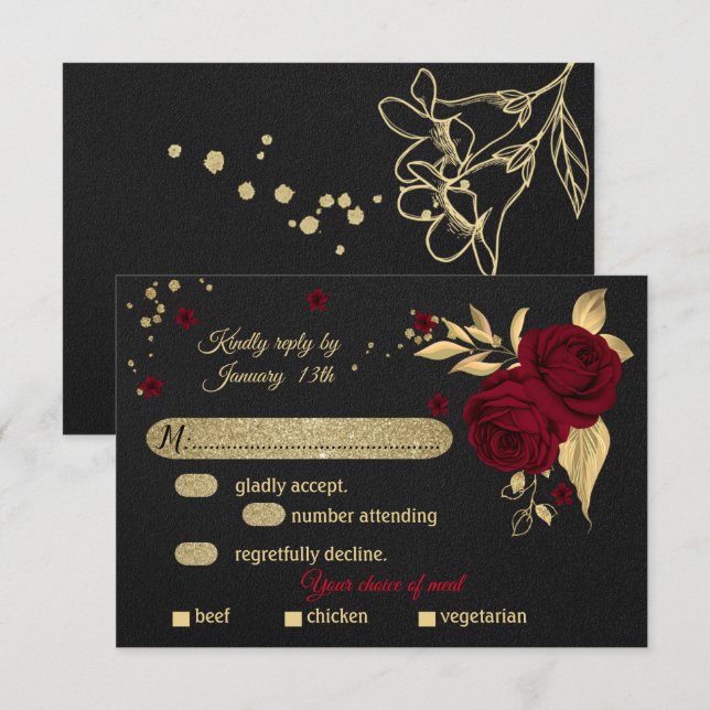 Bordeaux, goldfarbenes schwarzes Mahl RSVP Karte (Vorne/Hinten)
