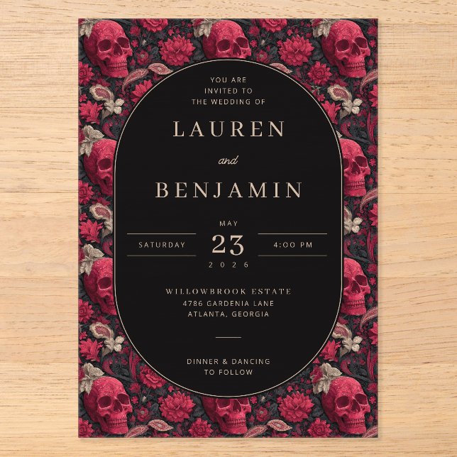 Bordeaux Gothic Paisley Wedding Acryleinladungen (Vorderseite)